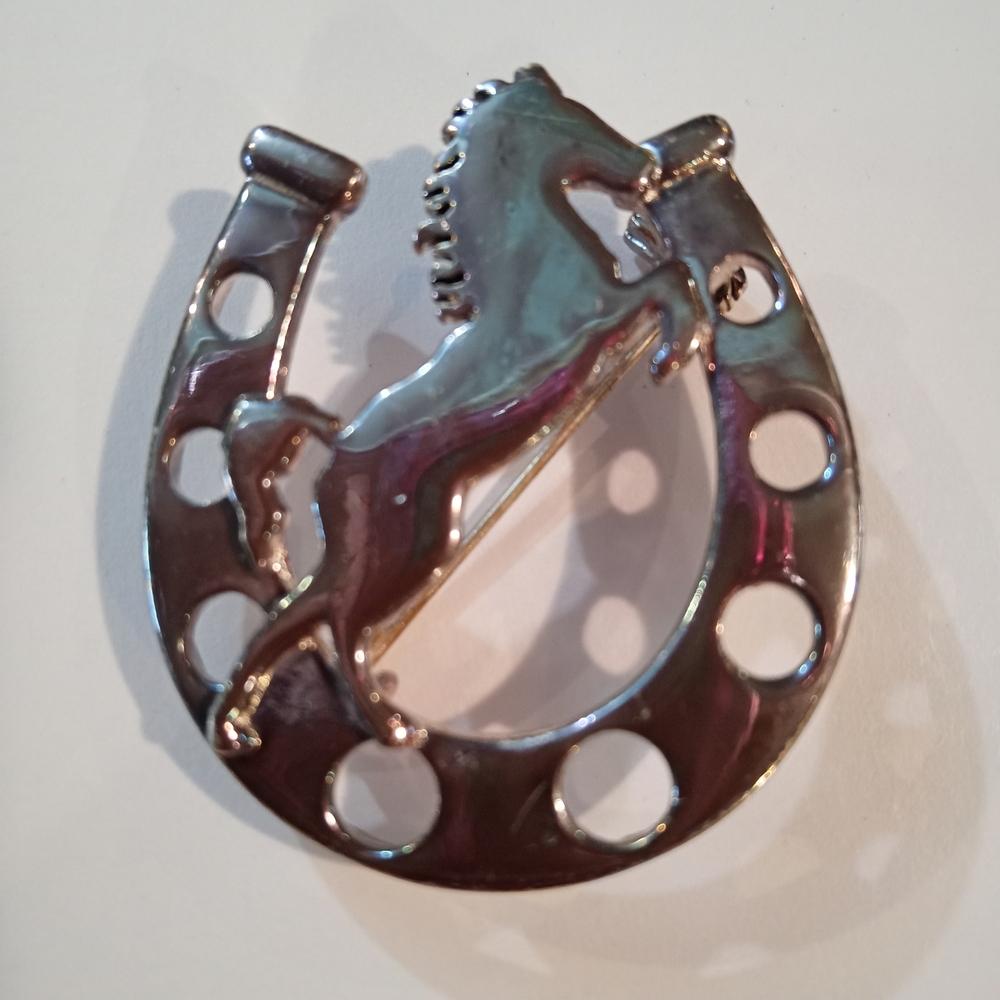 Beautiful Silver Pin Brooch Pendant Horse Stallion In Horseshoe Combo - Picture 7 of 7